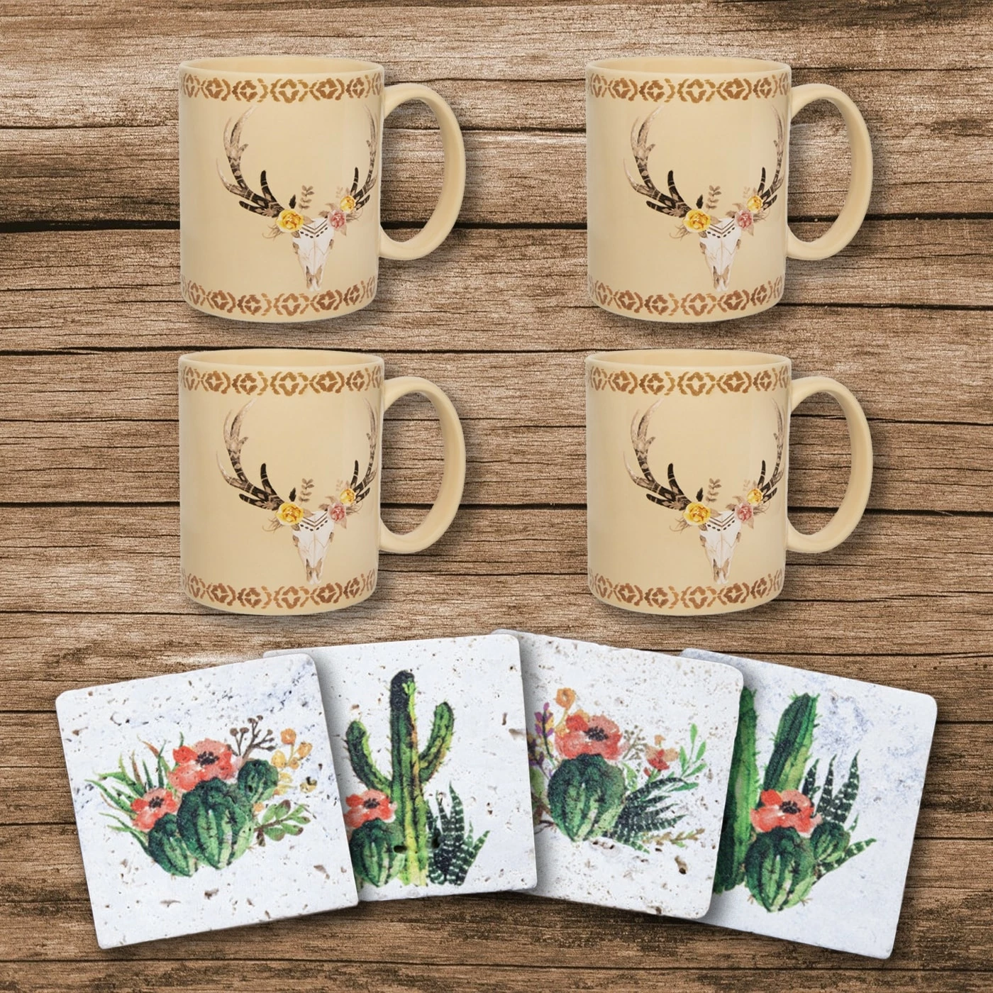 Brand new ๐ HiEnd Accents Desert Skull Bohemian Mug And Cactus Blooms Coaster 8-PC Set ๐งจ 3 Brand new ๐ HiEnd Accents Desert Skull Bohemian Mug And Cactus Blooms Coaster 8-PC Set ๐งจ