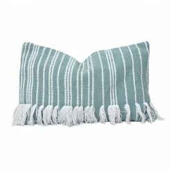 Best Sale 🧨 HiEnd Accents Fringed Stripe Lumbar Rug Pillow, 16"x26" Light Blue 🎁