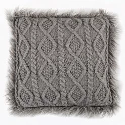 Deals ⭐ HiEnd Accents Nordic Cable Knit Pillow With Faux Mongolian Fur Trim, 18x18 Grey 🎁