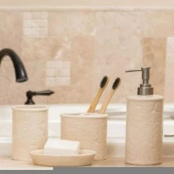 Hot Sale 😀 HiEnd Accents Savannah Ceramic Countertop Bathroom Set, 4PC Red 💯 -HiEnd Accents shop HiEnd Accents Savannah Ceramic Countertop Bathroom Set2C 4PC 1